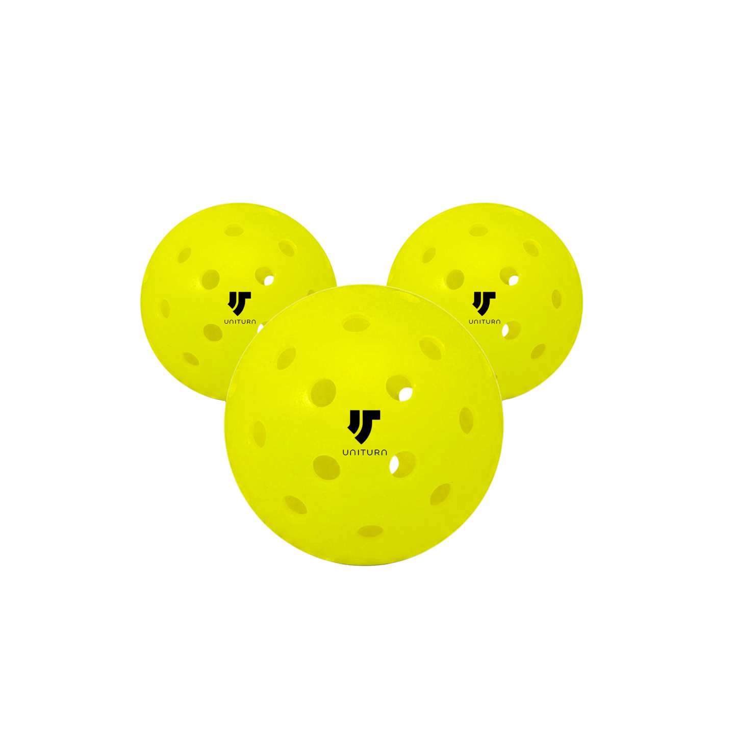 Three yellow pickleballs with a black logo on a white background