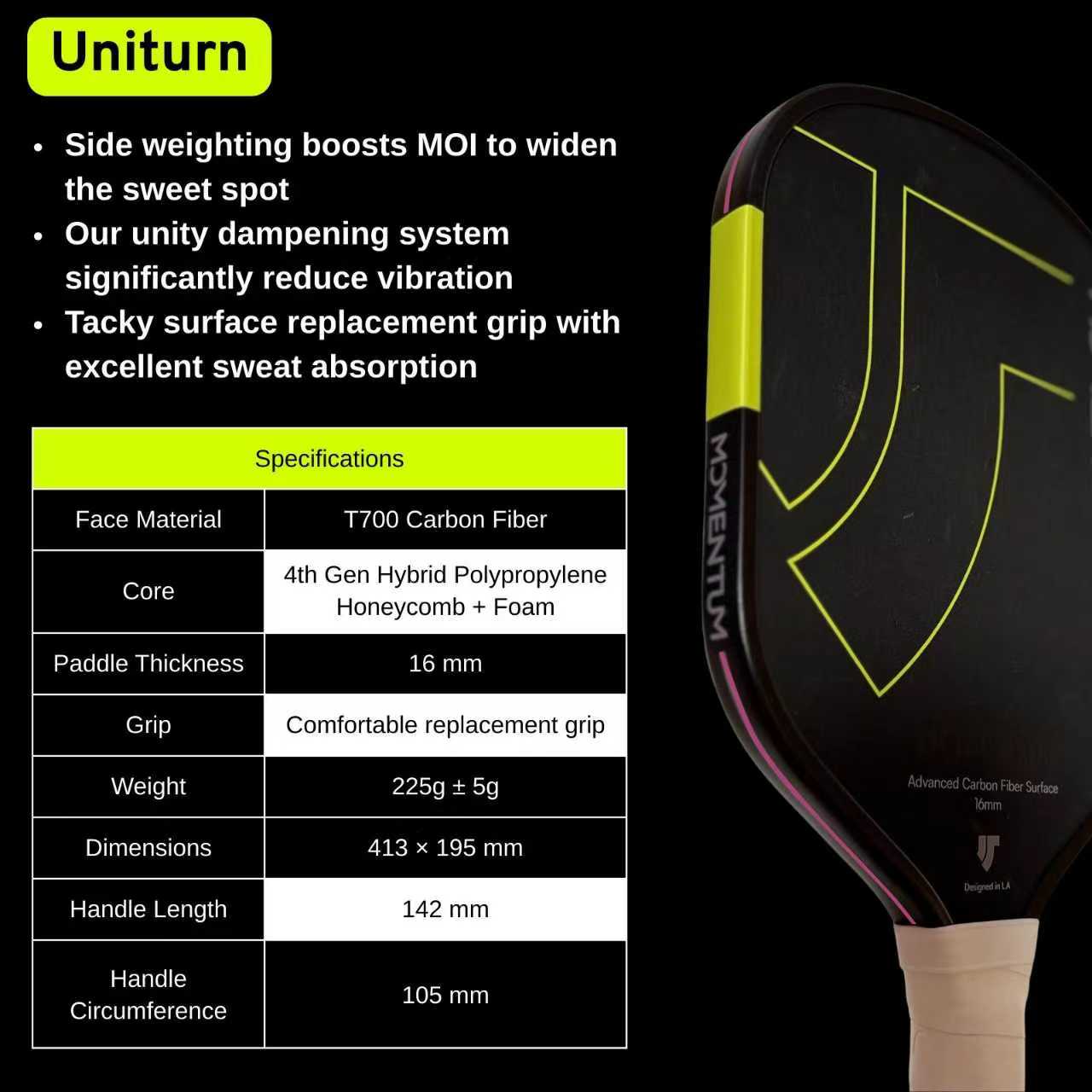 Uniturn Momentum Pickleball Paddle | T700 Raw Carbon Fiber | 16mm Control Core - Pink Series