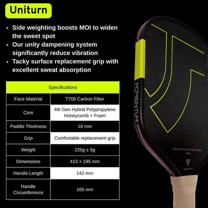 Uniturn Momentum Pickleball Paddle | T700 Raw Carbon Fiber | 16mm Control Core - Pink Series