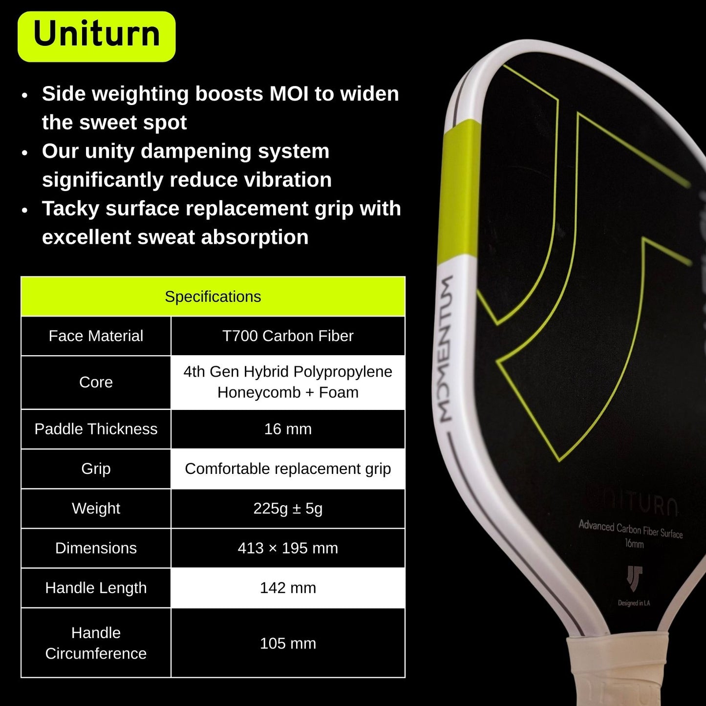 Uniturn Momentum Pickleball Paddle | T700 Raw Carbon Fiber | 16mm Control Core