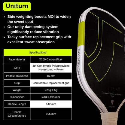 Uniturn Momentum Pickleball Paddle | T700 Raw Carbon Fiber | 16mm Control Core