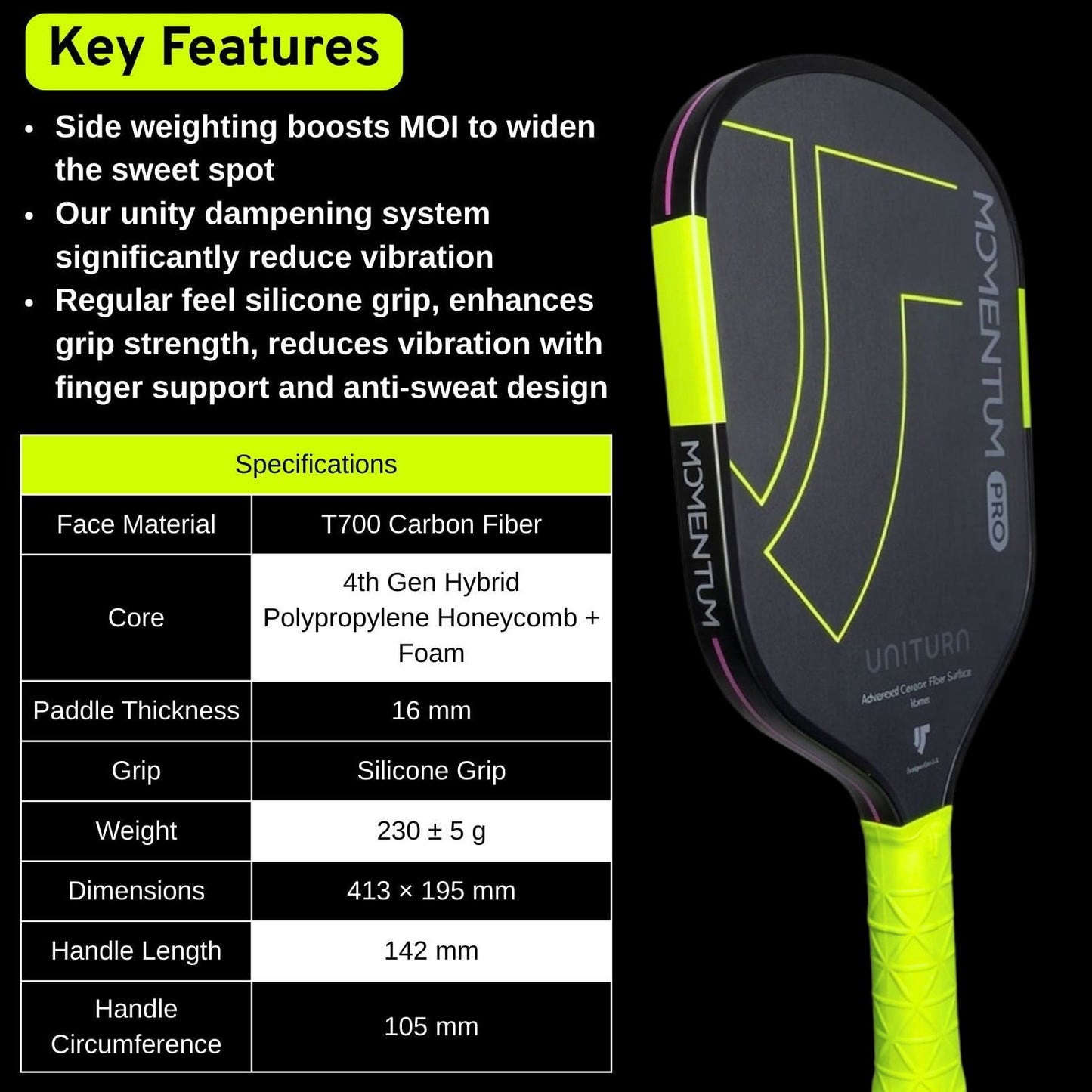 Uniturn T700 Raw Carbon Fiber Pickleball Paddle with Silicone Comfort Grip - Momentum PRO Green Series