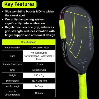 Uniturn T700 Raw Carbon Fiber Pickleball Paddle with Silicone Comfort Grip - Momentum PRO Green Series