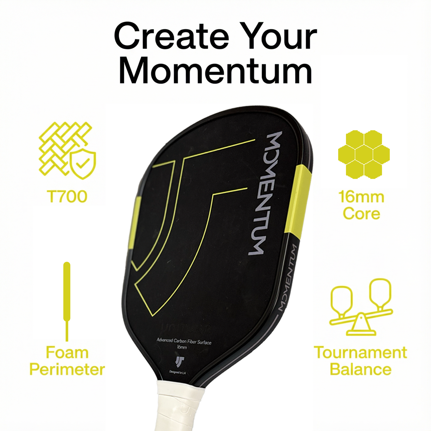 Uniturn Momentum Pickleball Paddle | T700 Raw Carbon Fiber | 16mm Control Core
