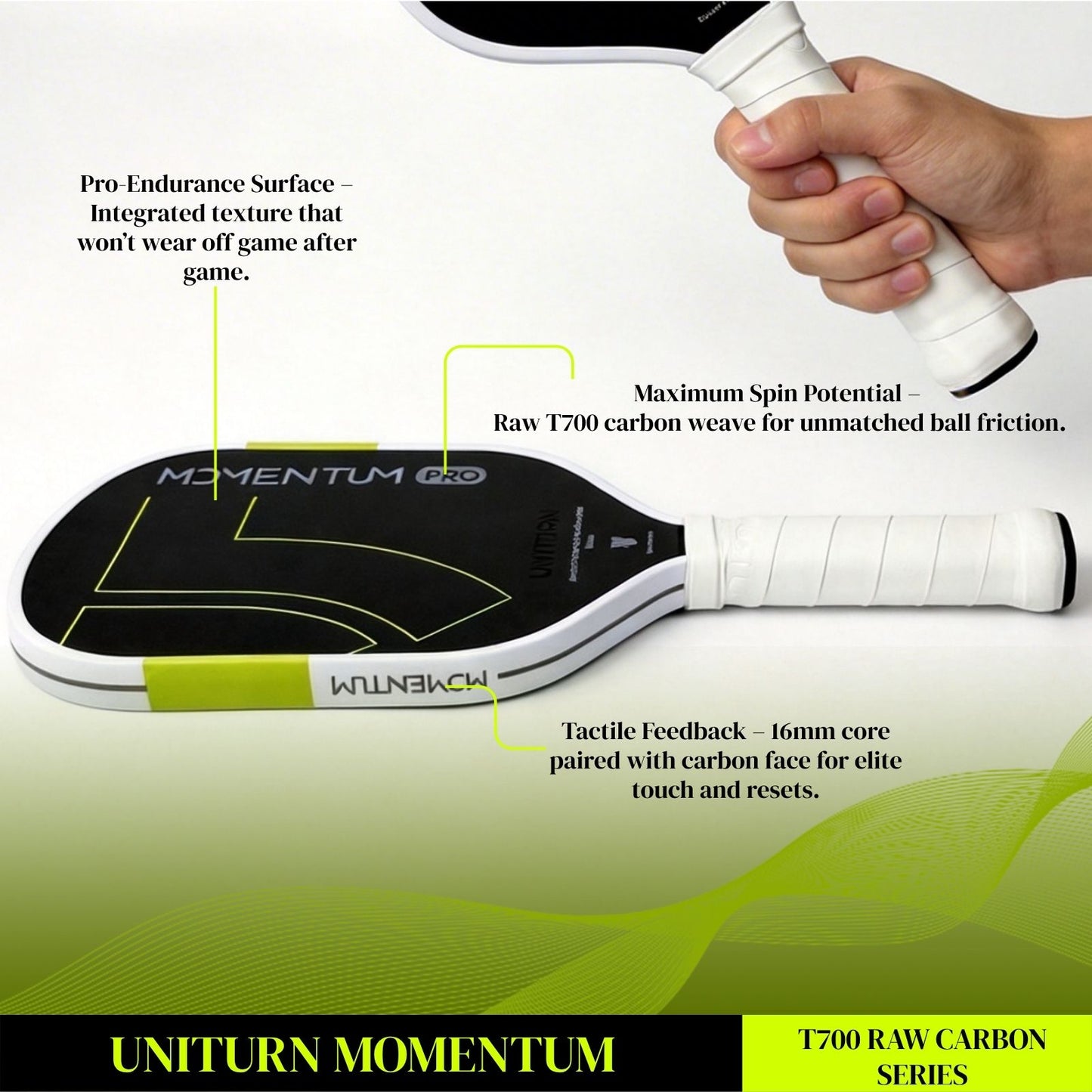 Uniturn Pickleball Paddle | T700 Raw Carbon Fiber | 16mm Control Core - Momentum Series