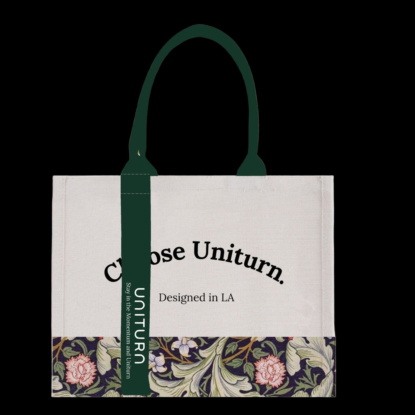Tote bag with floral design and text on a white background