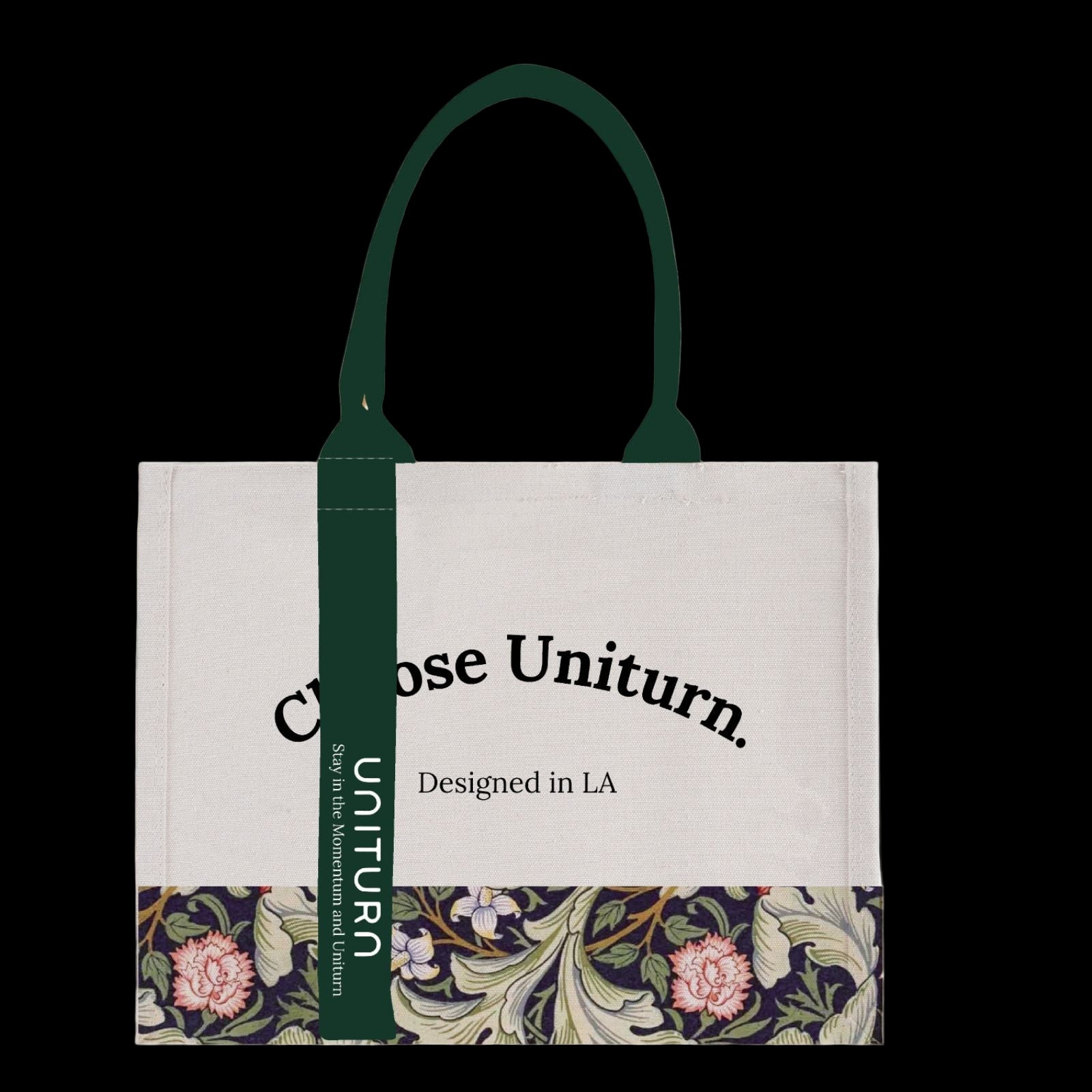 Tote bag with floral design and text on a white background