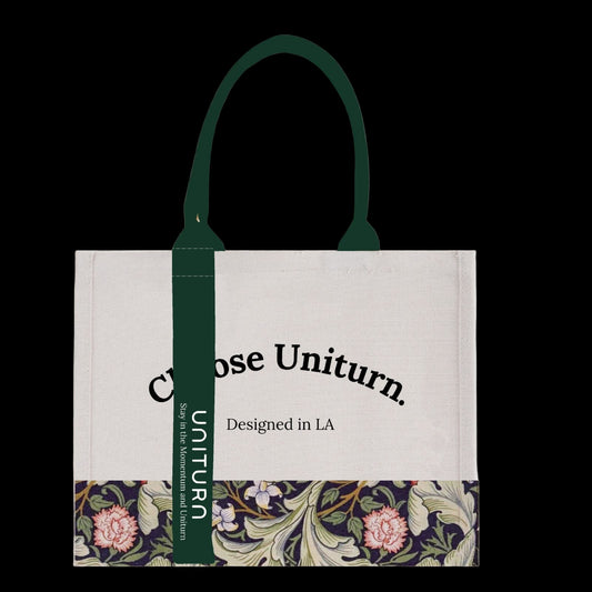 Tote bag with floral design and text on a white background