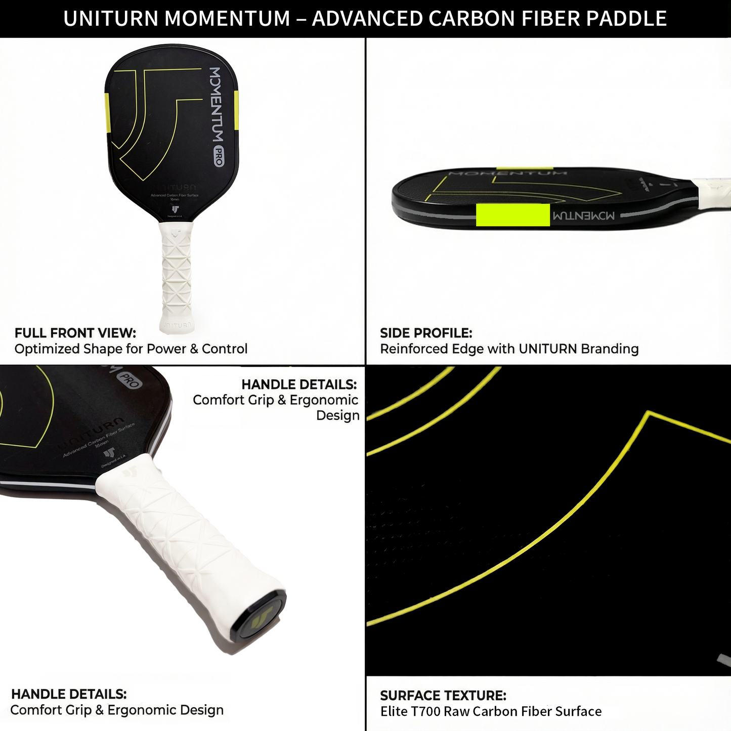 Uniturn Momentum PRO | T700 Raw Carbon Fiber Paddle with Silicone Comfort Grip