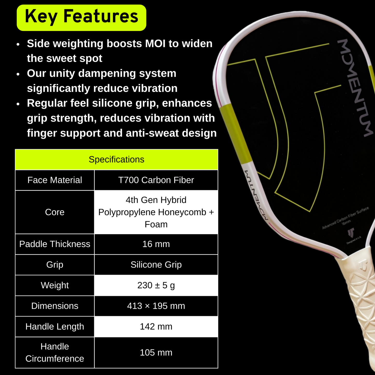 Uniturn Momentum PRO | T700 Raw Carbon Fiber Paddle with Silicone Comfort Grip - Pink Series
